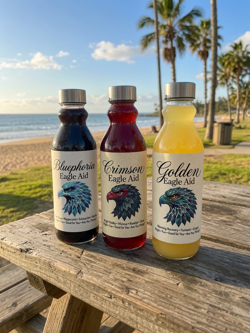 EagleAid bottles - Crimson, Bluephoria, and Golden
