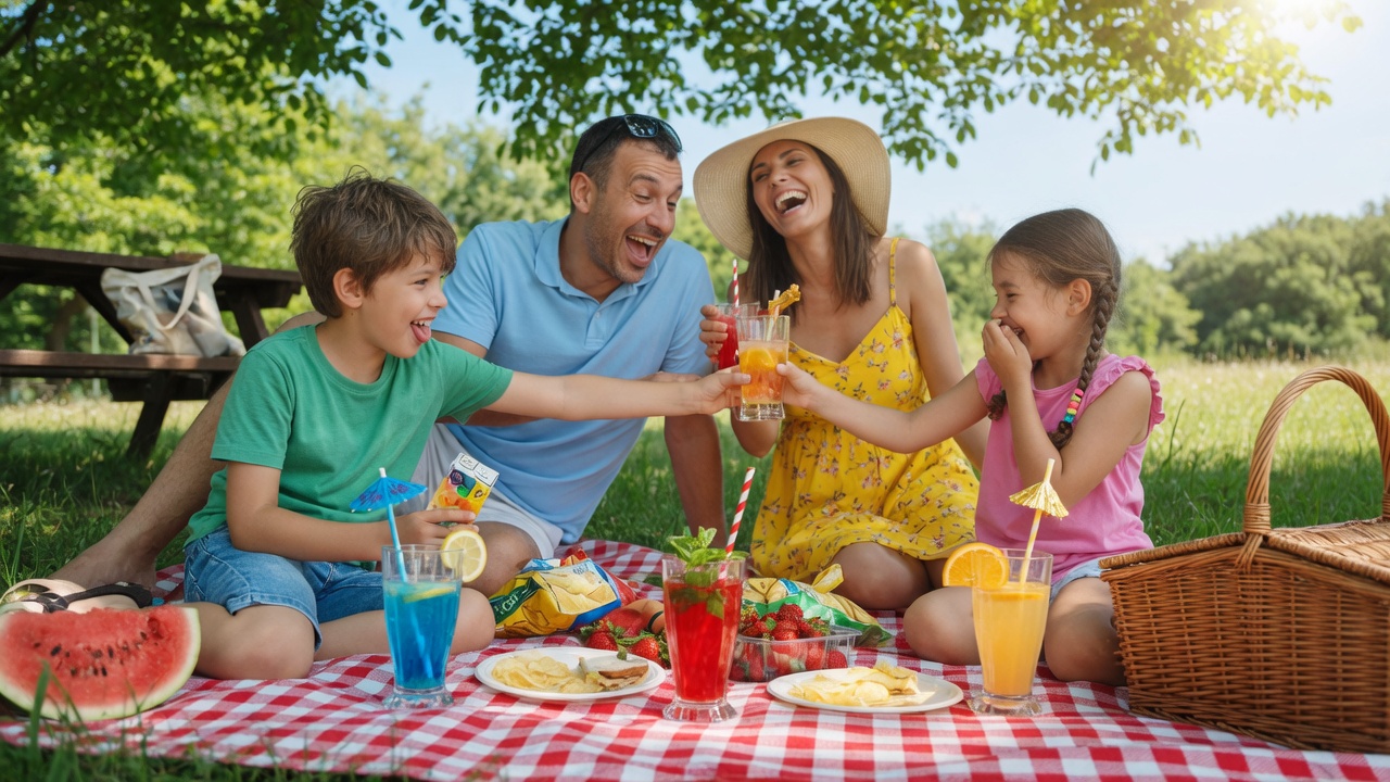 Family enjoying different EagleAid drinks together outdoors