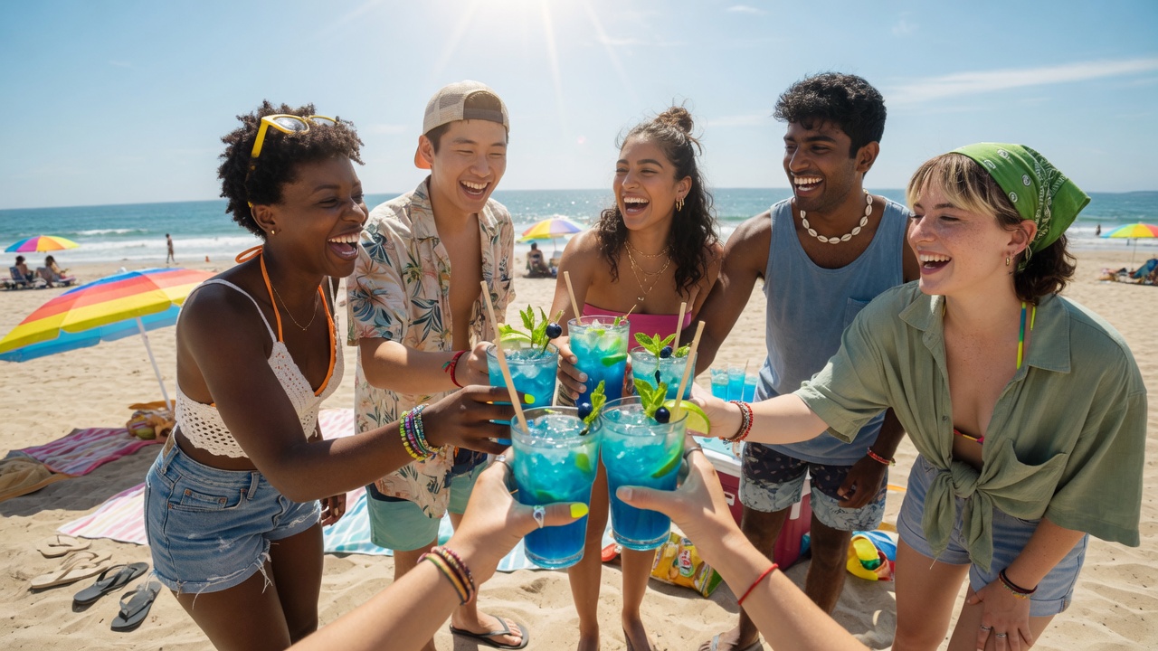 Friends hanging out toasting with Bluephoria over ice on a sunny day
