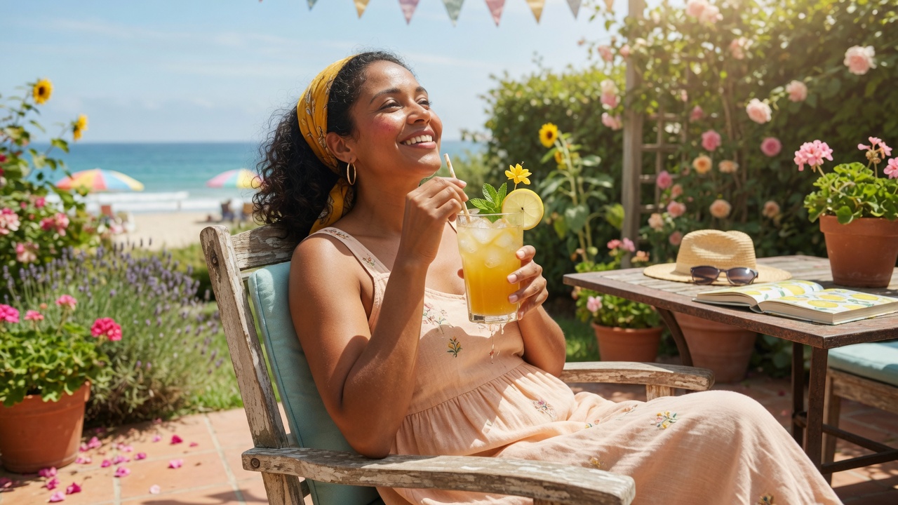Woman relaxing with Golden drink on a sunny patio