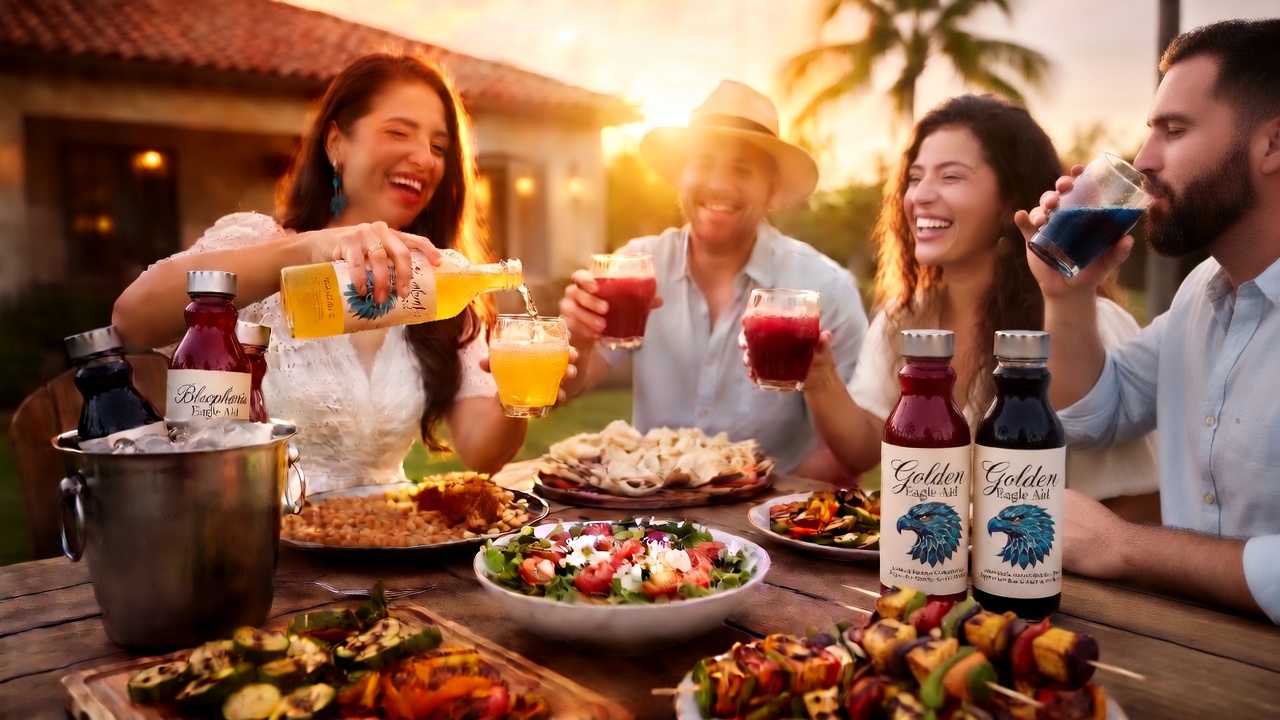 Evening vegetarian dinner in a backyard with friends enjoying EagleAid - bottles in bucket and on table, woman pouring Golden Aid, man drinking Crimson