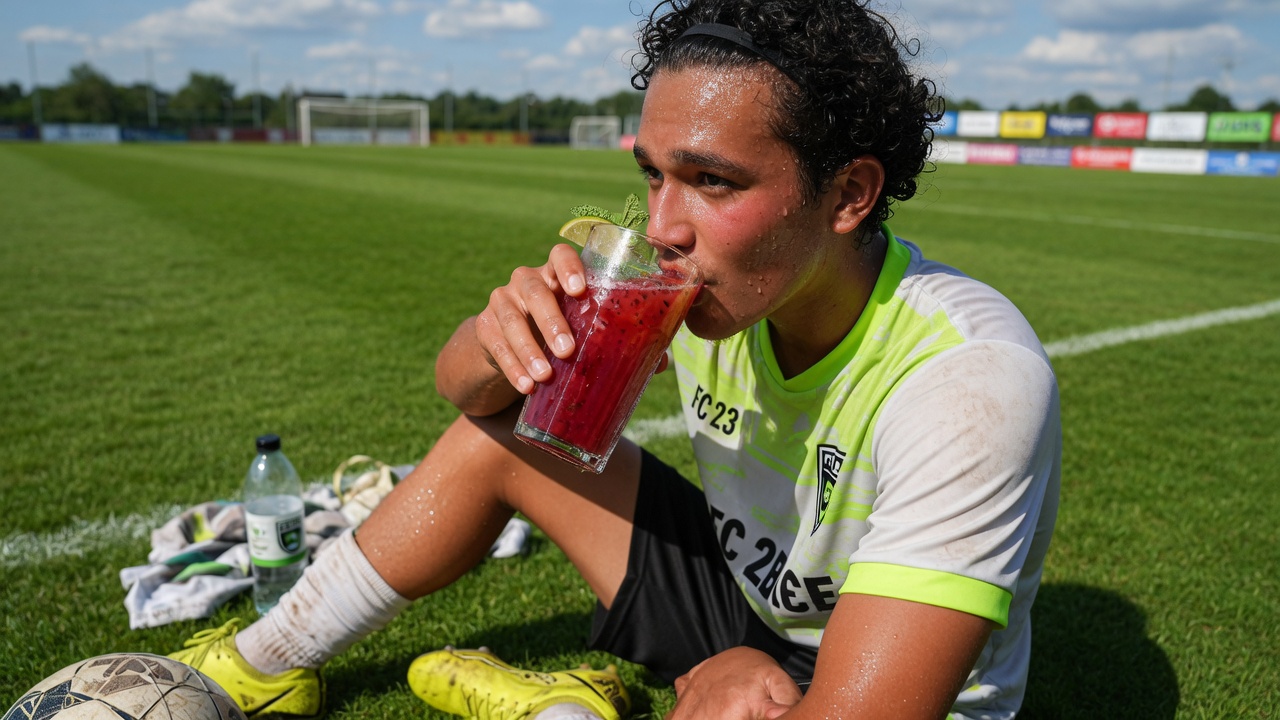 Soccer player hydrating with Crimson on the field